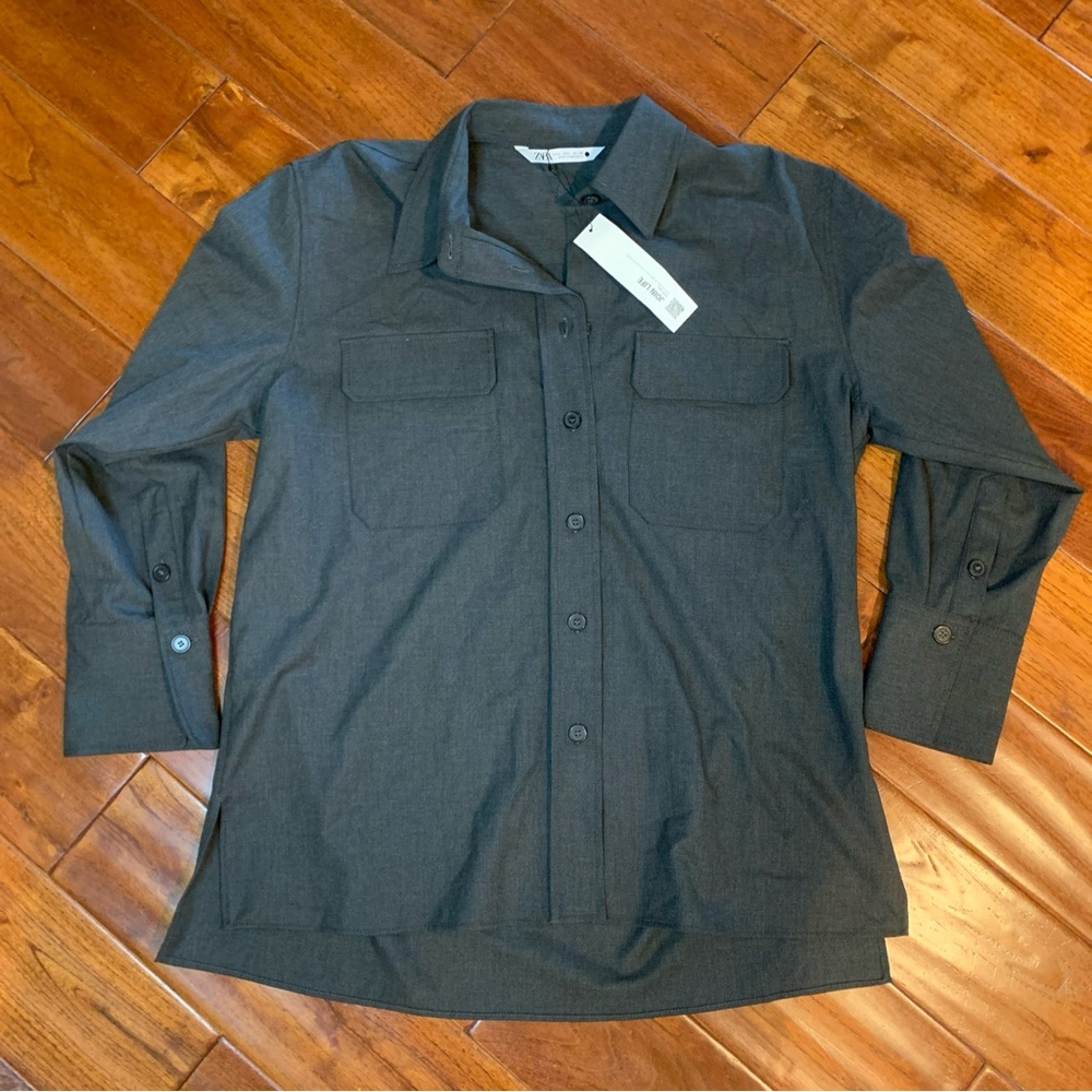 Zara Black Button Up Opaque Shirt Women's Large Uniform Collection 3/4 Sleeve